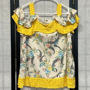 Cato Sheer Crinkle Top M Paisley Floral Yellow Ruffle Short Sleeve Cold Shoulder